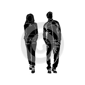 Fashionable girl and guy vector. Fashion. Man and woman silhouette vector. Fashionable young couple. Girl in a sports suit. Guy