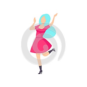 Fashionable girl in pink dress dancing at foam party, young woman having fun at nightclub vector Illustration on a white