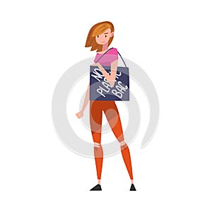 Fashionable Girl Standing with Shopping Bag with No Plastic Bag Inscription, Female Eco Friendly Character, Zero Waste