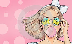 Fashionable girl with a stylish haircut inflates a chewing gum has amazed expression. Pop Art wow woman in glasses