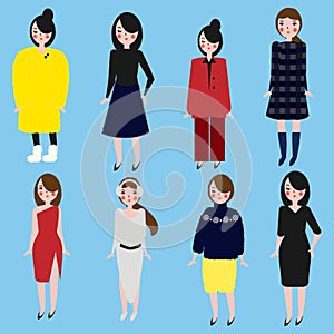 Fashionable girls set. Women in different dress code. Female in winter and office clothes. Trendy hand drawn style