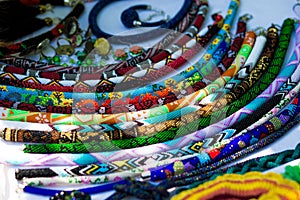 Fashionable handmade accessories for women. Decorative beads necklaces and bracelets