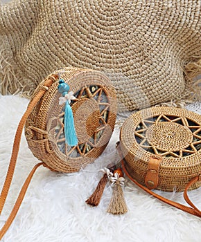 Fashionable handmade natural organic rattan bag. Trandy bamboo eco bag