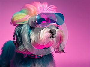 Fashionable havanese dog wearing VR headset in fairy kei style