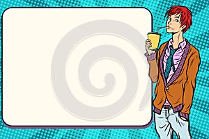 Fashionable hipster young man drinking a beverage, manga anime