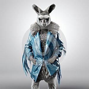 Fashionable Kangaroo In Blue Fur Coat With Feathers And Glasses