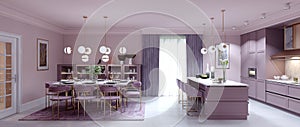 Fashionable kitchen interior with dining room in lilac color