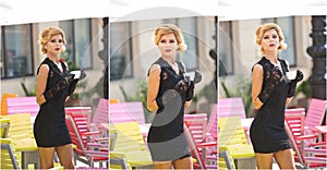 Fashionable lady with short black lace dress and red scarf and high heels, outdoor shot . Young attractive short haired blonde