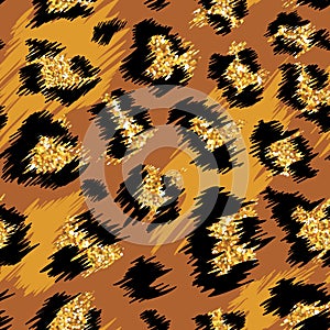 Fashionable Leopard Seamless Pattern. Stylized Spotted Leopard Skin Background with Golden Glitter for Fashion, Print