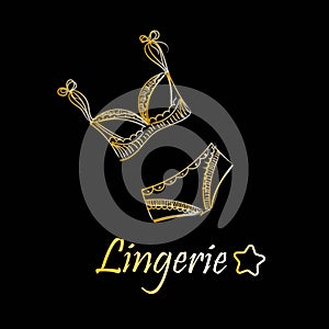 Fashionable lingerie collection for women,  sketch illustration. Logo of women`s lace underwear, panties, bras, corsets,