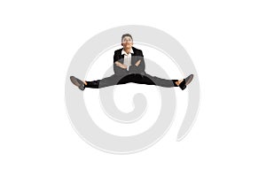Fashionable man, young male office worker in action isolated over white background. Contemp, aspiration, business, job