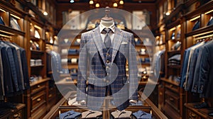 Fashionable mannequin demonstrating a classic men\'s suit in a respectable showroom, store, tailoring studio. photo