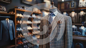 Fashionable mannequin demonstrating a classic men\'s suit in a respectable showroom, store, tailoring studio. photo