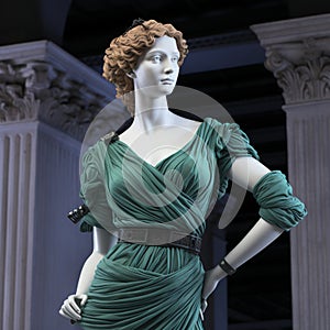 A Fashionable Mannequin Greek Woman Sculpture Displaying a Green Teal Dress