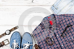 Fashionable men`s clothing in casual style. Top view, copy space