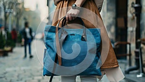 Fashionable modern bag with elegant leather handle in blue colo photo