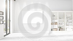 Fashionable modern empty clean room interior with empty frame and copyspace in horizontal arrangement. 3D rendering.