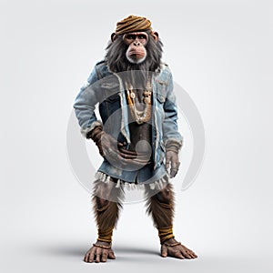 Fashionable Monkey In Denim Jacket - 3d Illustration
