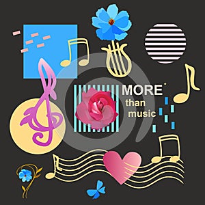 Fashionable musical background with treble and bass clefs, musical notes, lyre, abstract geometric figures, garden flowers