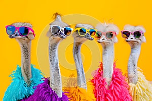 Fashionable ostriches wearing sunglasses and feather boas photo