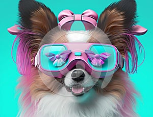 Fashionable papillon dog wearing VR headset in fairy kei style