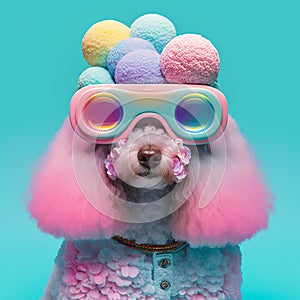 Fashionable poodle dog wearing glasses in fairy kei style