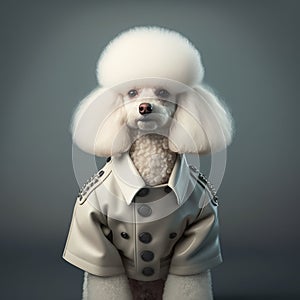 Fashionable poodle in a white leather jacket.