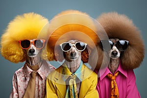 Fashionable poodles dressed in hippie style