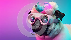 Fashionable pug dog wearing glasses in fairy kei style