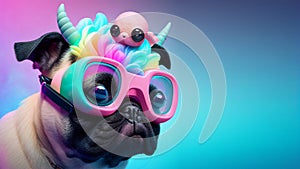 Fashionable pug dog wearing glasses in fairy kei style