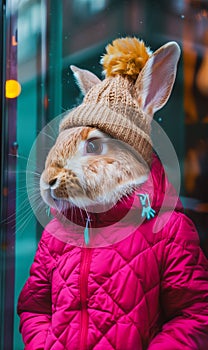 A fashionable rabbit wears a wool hat with and a pink quilted jacket