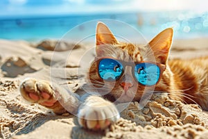 Fashionable red furred cat with sunglasses lounging stylishly on sandy beach in trendy outfit photo