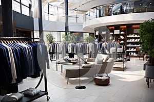 Fashionable retail store interior, showcasing mens and womens formal wear