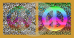 Fashionable seamless backgrounds variation with leopard print and hippie peace colorful symbol. Fashion design for textile, wallpa