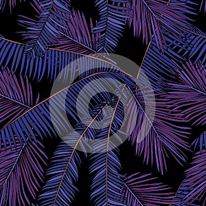 Fashionable seamless tropical pattern with blue tropical  palms leaves on a black background.