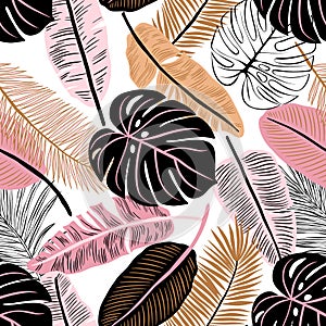 Fashionable seamless tropical pattern with bright plants and leaves on a delicate background. Beautiful exotic plants. Colorful st