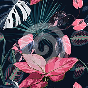 Fashionable seamless tropical pattern with tropical blue pink leaves on a black background.