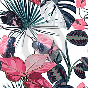 Fashionable seamless tropical pattern with tropical blue pink leaves on a white background. Beautiful exotic plants.