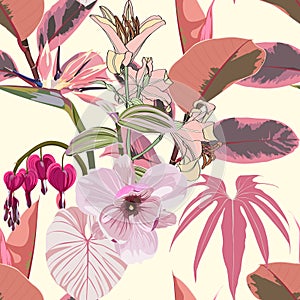 Fashionable seamless tropical pattern with tropical pink leaves and exotic pink flowers.