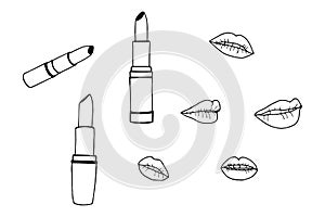 Fashionable set of lipsticks and lips. Vector stock illustration eps10. Outline. Hand drawing. White background.