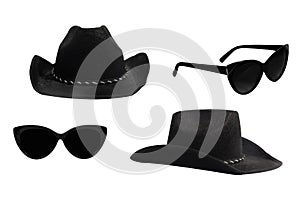 Fashionable set of two pairs of black sunglasses and hats