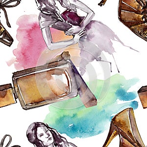 Fashionable sketch glamour illustration in a watercolor style isolated element. Seamless background pattern.