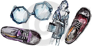 Fashionable sketch glamour illustration in a watercolor style isolated element. Watercolour background set.