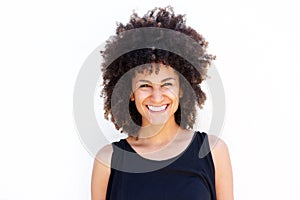 Fashionable smiling woman standing isolated on white background