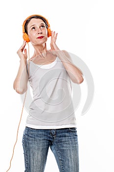 Fashionable sound concept for 30s woman smiling