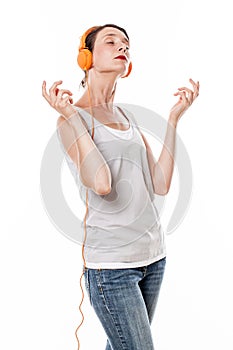 Fashionable sound concept for woman enjoying relaxing music