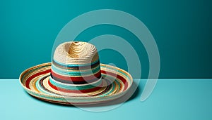Fashionable straw hat with blue brim, perfect for summer vacations generated by AI generated by AI