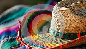 Fashionable straw hat with colorful Mexican serape pattern