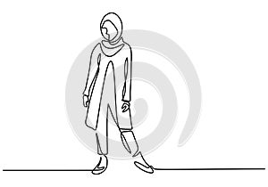 Fashionable style muslim girl. Continuous one line drawing of Islamic women wearing scarf and outer blazer. Inspired style hijab