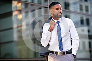 Fashionable stylish modern African american businessman corporate executive entrepreneur model, commercial lifestyle portrait down